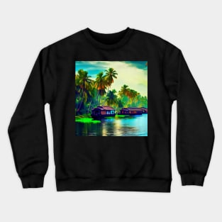 Elegant Kerala natural landscape of coconut trees sunset sky river and houseboat Crewneck Sweatshirt